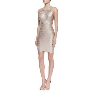 NWT‎ Herve Leger Marina Foiled Bandage Dress in Rose Gold Combo Size Medium